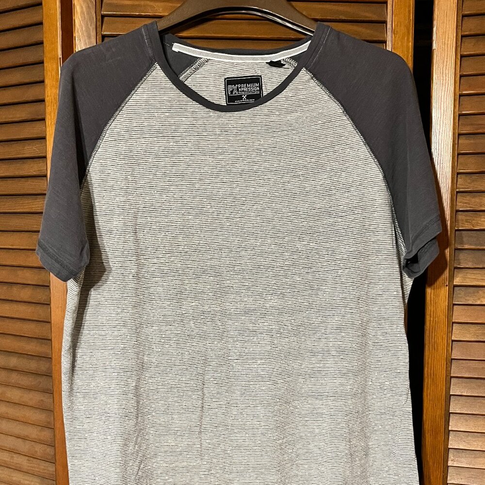PX PREMIUM XPRESSION Mens Large Gray Striped Raglan T Shirt Short Sleeve Cotton